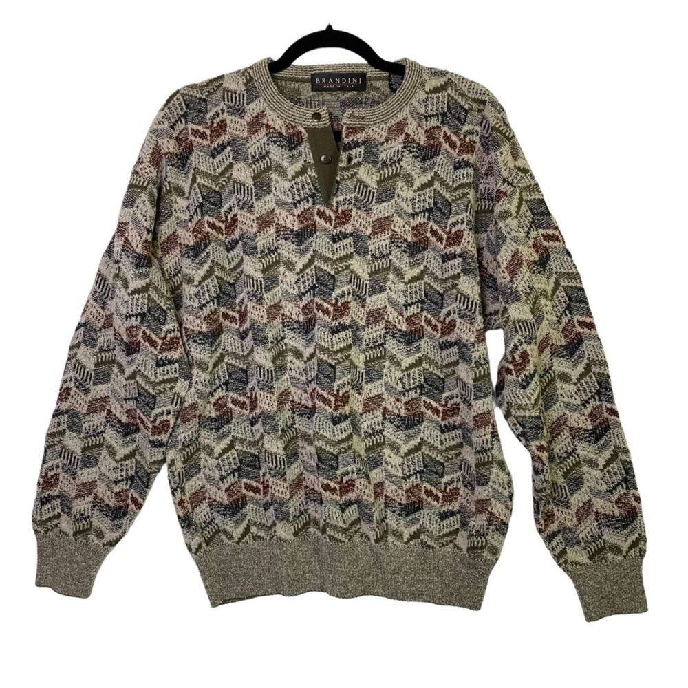 Brandini Tan Cream Wool Blend Grandpa Heritage Pullover Sweater Italy Size M